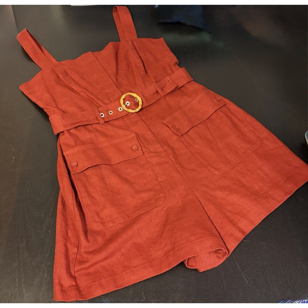 NWT Boho Coastal Linen Blend Belted Romper Rust Utility Safari Pockets Women 10 - Picture 3 of 13